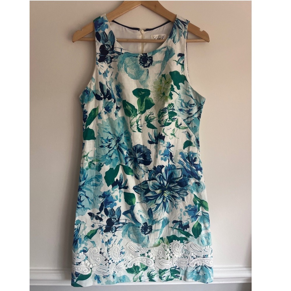Eliza J Floral Sheath Dress Sleeveless with Lace Detail Size 8 Blue Green White